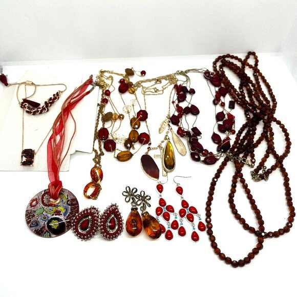 VINTAGE MODERN RED AMBER TONE MYSTERY JEWELRY LOT NECKLACES EARRINGS AVON - Picture 1 of 12